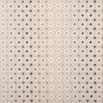 Broadloom carpet in a dense circle lattice with small floral accents in a ombré of green and blue on a cream field.