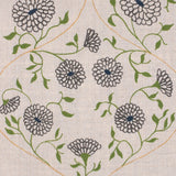 Detail of fabric in a floral lattice print in gray, orange and green on a tan field.