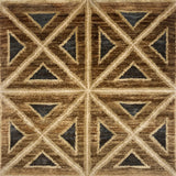 Handknotted rug sample geometric pattern featuring intersecting diagonal lines and triangles in shades of brown, beige, and charcoal gray.