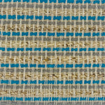 Woven rug swatch in natural fibers in  tan, grey and turquoise stripe pattern