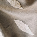 Textured fabric with soft white embroidered lips. 