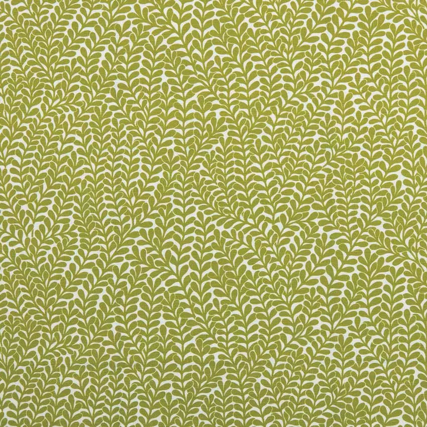Detail of fabric in a scrolling stem and leaf print in lime on a cream field.