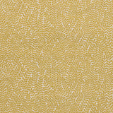 Detail of fabric in a scrolling stem and leaf print in mustard on a cream field.