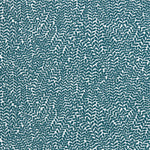 Detail of fabric in a scrolling stem and leaf print in turquoise on a white field.