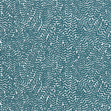 Detail of fabric in a scrolling stem and leaf print in turquoise on a white field.