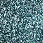 Detail of wallpaper in a scrolling stem and leaf print in turquoise on a white field.