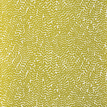 Detail of wallpaper in a scrolling stem and leaf print in mustard on a cream field.