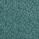 Detail of fabric in a scrolling stem and leaf print in dark turquoise on a white field.