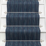 Striped flatweave runner in blue on white staircase