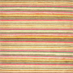 Handknotted wool and silk rug in thin stripes in green, pink, cream tan and brown.
