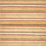 Handknotted wool and silk rug in thin stripes in green, pink, cream tan and brown.