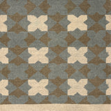 Handknotted rug with geometric mosaic design in slate blue, grey and cream. 