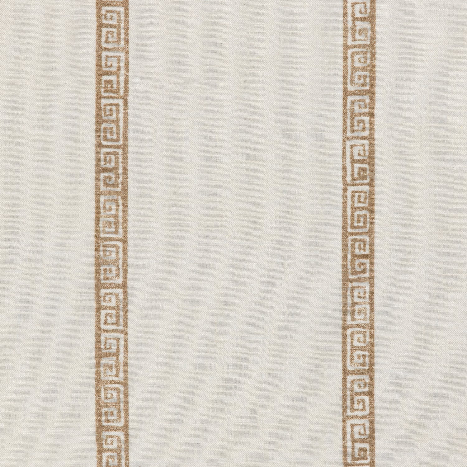 Detail of a linen fabric in a minimal geometric linear pattern in gold on a cream field.