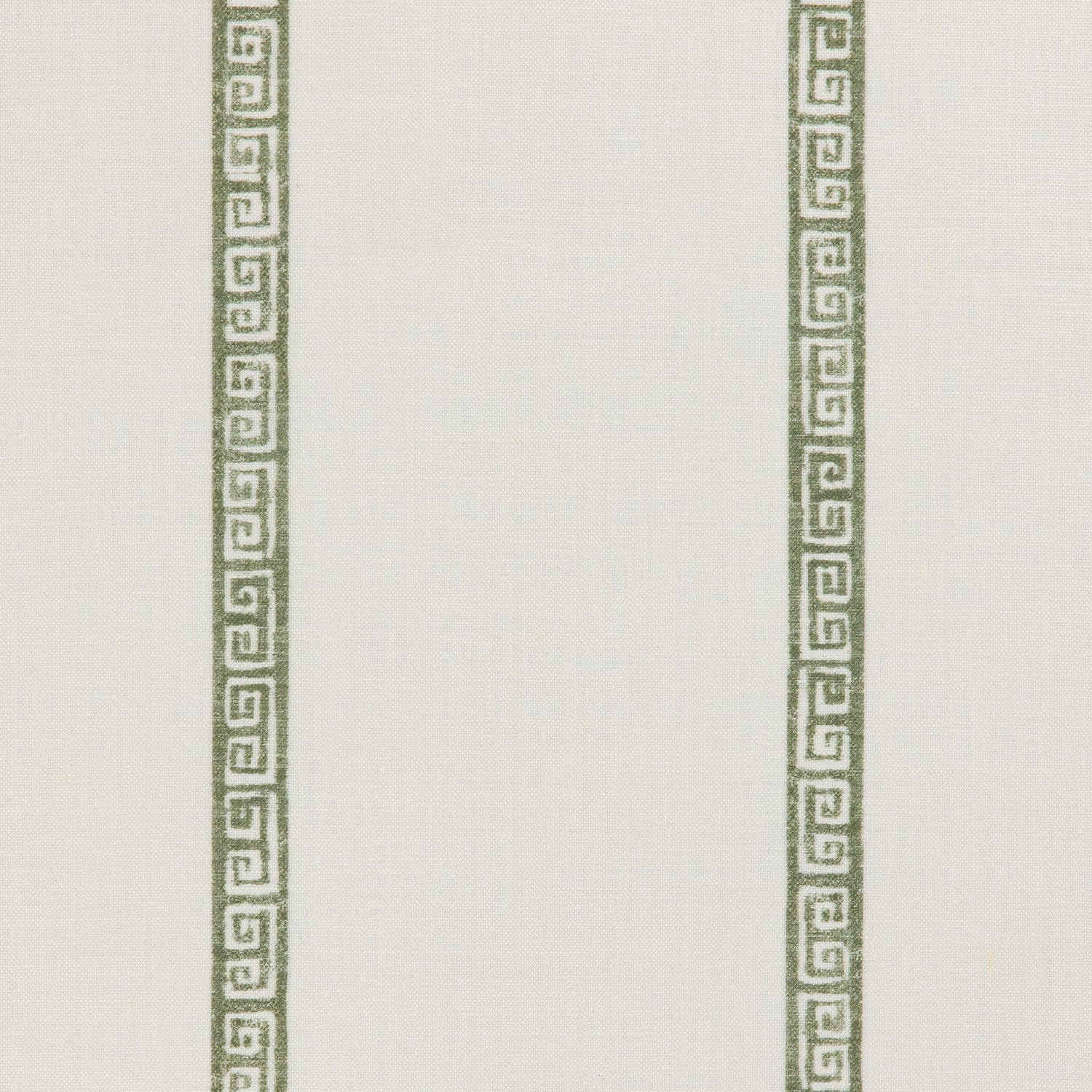 Detail of a linen fabric in a minimal geometric linear pattern in sage on a cream field.