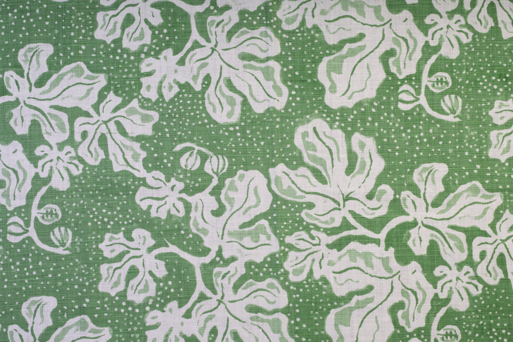 Detail of wallpaper in a playful botanical print in light green and white on a green field.