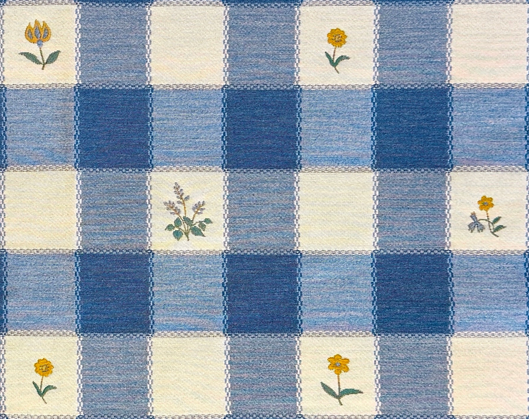 Checkered fabric with yellow flowers on a blue and white checkered background