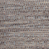 Handwoven wool rug with undulating oval stripe in shades of brown on an grey-blue field. 
