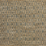 Handwoven wool rug with undulating oval stripe in shades of tan on a charcoal grey field. 