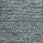 Handwoven wool rug with undulating oval stripe in shades of blue on a grey field. 