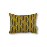 Rectangular throw pillow in mustard yellow, with a grey 'folded ribbon' stripe motif.
