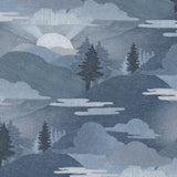 Patterned fabric with blue and gray landscape design featuring trees and mountains.