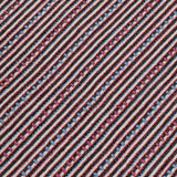 Detail of a dimensional embroidered fabric in an irregular stripe pattern in shades of gray, white, pink and blue.