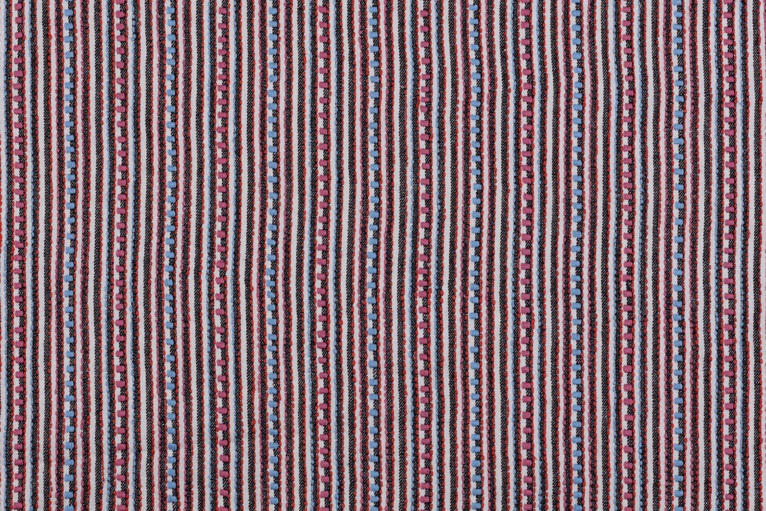 Dimensional embroidered fabric in an irregular stripe pattern in shades of gray, white, pink and blue.