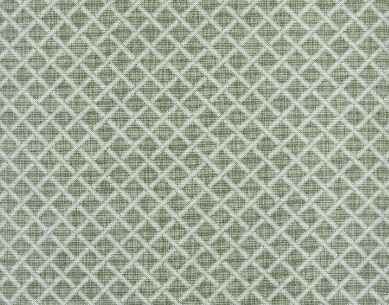 Broadloom carpet in a classic lattice in white on a sage green field. 
