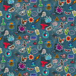 Collection of colorful embroidered patches on a denim fabric background