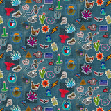 Collection of colorful embroidered patches on a denim fabric background
