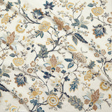 Close up of gently draped printed fabric in scrolling floral vine pattern in tan, taupe and shades of blue on cream. 