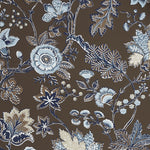 Close up of wallpaper in scrolling floral vine pattern in shades of blue, tan and taupe on a chocolate brown field. 