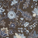 Close up of wallpaper in scrolling floral vine pattern in shades of blue, tan and taupe on a chocolate brown field. 