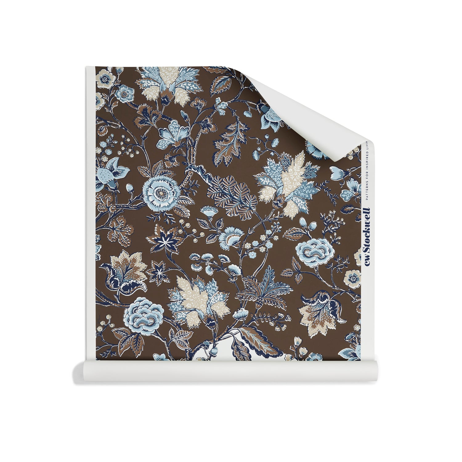 Roll of wallpaper in scrolling floral vine pattern in shades of blue, tan and taupe on a chocolate brown field. 