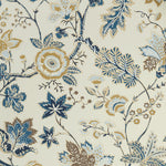 Close up of wallpaper in scrolling floral vine pattern in tan, taupe and shades of blue on cream. 