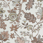 Close up of wallpaper in scrolling floral vine pattern in clay pink, grey tan and brown on white. 