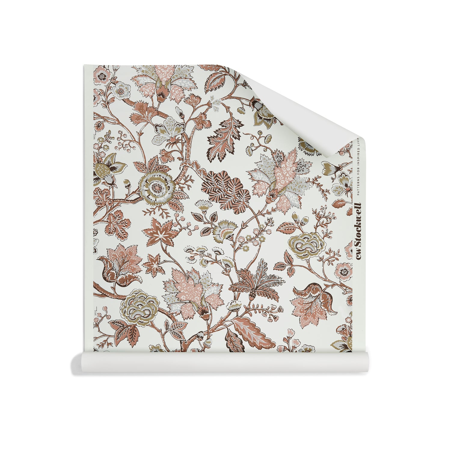 Roll of wallpaper in scrolling floral vine pattern in clay pink, grey tan and brown on white. 