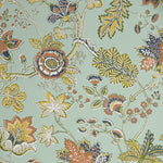 Close up of wallpaper in scrolling floral vine pattern in yellow, orange, navy blue and olive green on sea foam green.