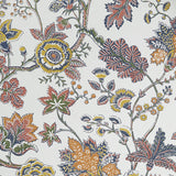 Close up of wallpaper in scrolling floral vine pattern in yellow, clay pink, orange, navy blue and olive green on white. 