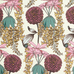 Detail of fabric in a dense floral print in shades of pink, green and yellow on a cream field.