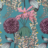Detail of wallpaper in a dense floral print in shades of pink, green and yellow on a blue field.