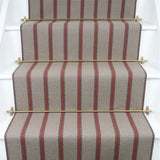 Striped flatweave runner in light grey  with red on white staircase