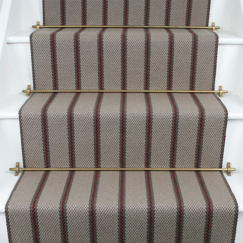 Striped flatweave runner in light grey and brown on white staircase