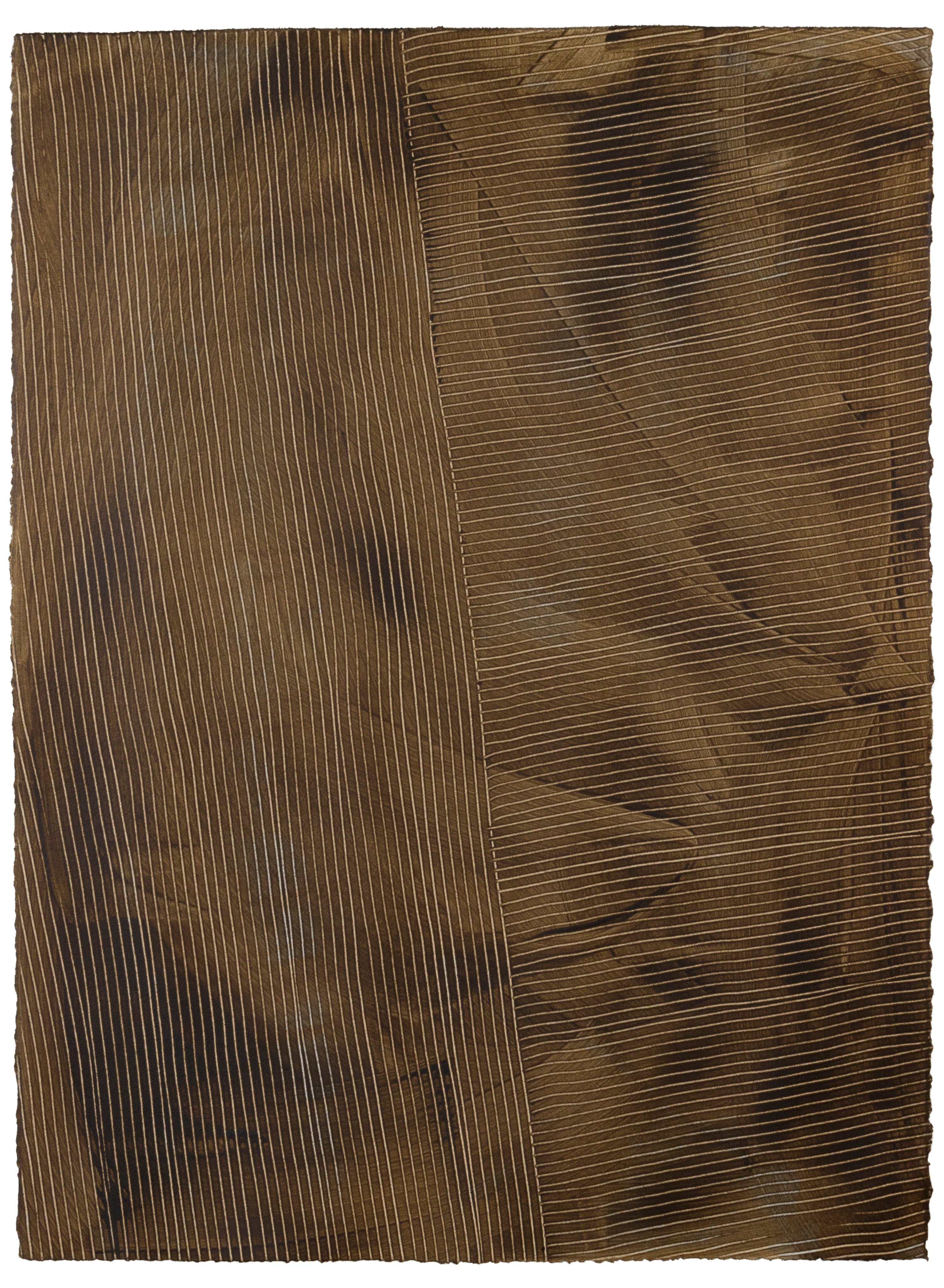 Sheet of handmade wallpaper with a dimensional combed pattern in mottled brown.