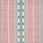 Detail of fabric in a global stripe print in pink, blue and navy on a white field.