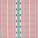 Detail of fabric in a global stripe print in pink, blue and navy on a white field.