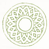 Detail of fabric in a repeating circular geometric print in green on a white field.