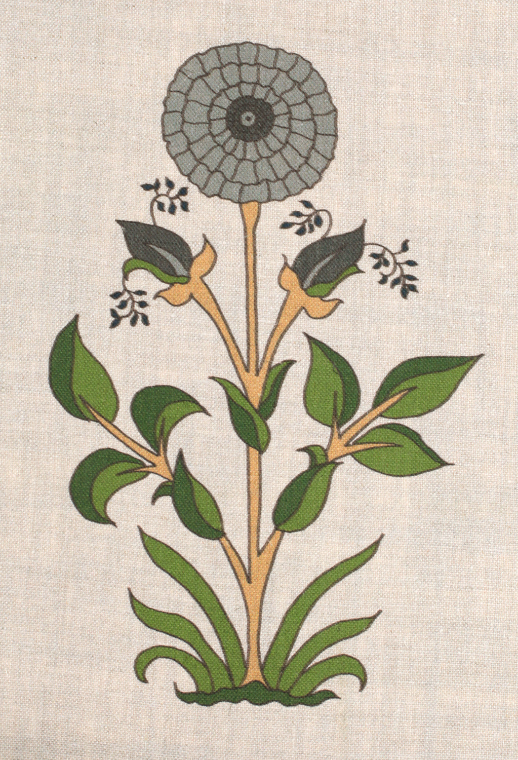 Detail of fabric in a large-scale marigold print in gray, orange and green on a cream field.
