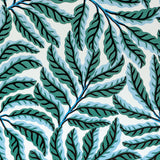 Wallpaper pattern of green and light leaves on a white background