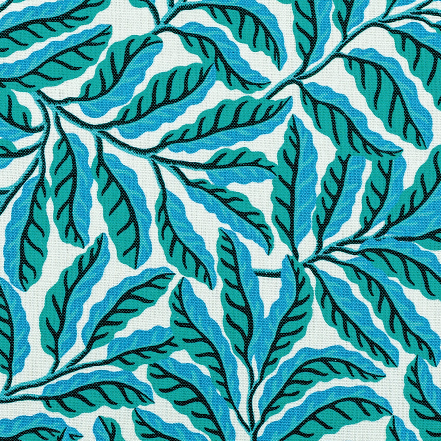 Pattern of green and blue leaves on a white background